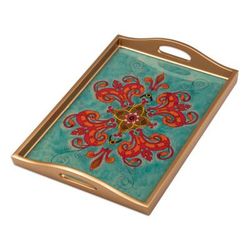 'Reverse-Painted Glass and Wood Serving Tray Handmade in Peru'