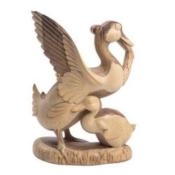 Protective Mother,'Hibiscus Wood Sculpture of a Mother Duck and Duckling'