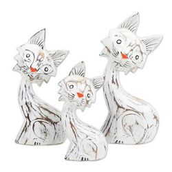 Feline Noses,'Set of 3 Handmade White and Red Albesia Wood Cat Statuettes'