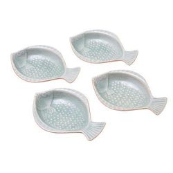 Spotted Swimmers,'Handcrafted Celadon Ceramic Fish Appetizer Dishes (Set of 4)'