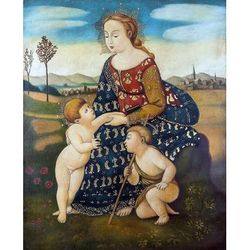 Holy Family with Saint John,'Oil on Canvas Madonna Painting with Jesus and John'