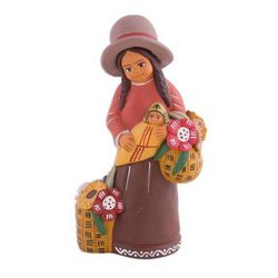 'Hand-Painted Ceramic Sculpture of an Andean Woman from Peru'