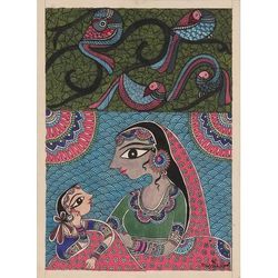 Unconditional Love,'Mother and Child Madhubani Painting on Handmade Paper'