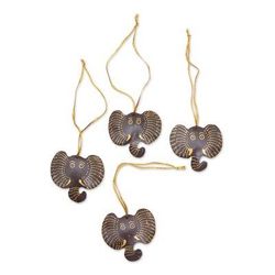 Elephant with Golden Tusks,'Set of 4 Handmade Coconut Shell Elephant Ornaments'