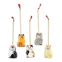Cute Kitty Cats,'Set of 5 Handcrafted Papier Mache Cat Theme Ornaments'