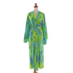 Leafy Haven,'Blue and Green Rayon Batik Leafy Garden Long Sleeved Robe'