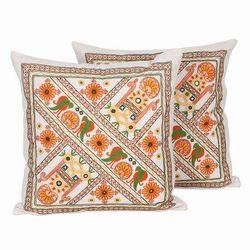 Kaleidoscopic Palace,'Embroidered Cotton Cushion Covers from India (Pair)'