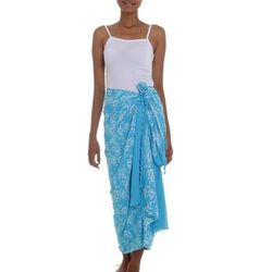 Tropical Garden in Cerulean,'Cerulean Blue Rayon Batik Sarong with Fringed Ends'