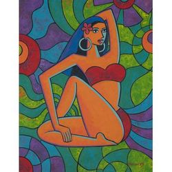 Strong Women,'Signed Unstretched Tropical Cubist Acrylic Painting'