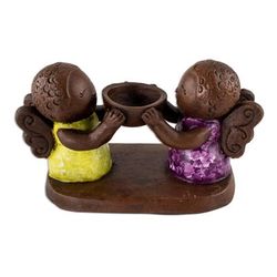 Angel Duo,'Ceramic Tealight Candleholder with Two Little Angels'
