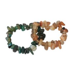 Beaded stretch bracelets, 'Green Orange Odo Tintine' (pair)