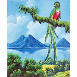 Lake in Guatemala,'Impressionist Oil Painting of Guatemalan Quetzal Bird'