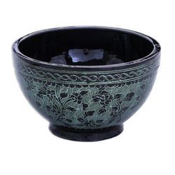 Verdant Floral Forest,'Black and Green Thai Lacquered Wood Decorative Bowl'