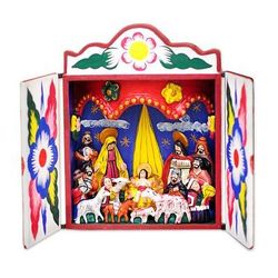 Retablo, 'Celebrating the Birth' - Peruvian Folk Art Wood Retablo