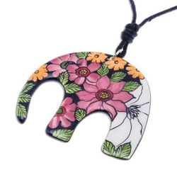Garden Elephant,'Colorful Floral Elephant Ceramic Pendant Necklace'