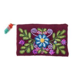 Peruvian Garden,'Handwoven Floral Wool Clutch in Maroon from Peru'