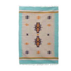 Beach Caravan,'4x6 Wool Dhurrie Rug with a Border in Mint from India'