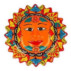Pure Sun,'Colorful Floral Talavera Style Sun Wall Plaque from Mexico'