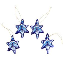 Floral Twilight,'Set of 4 Handcrafted Ceramic Talavera Star Ornaments in Blue'
