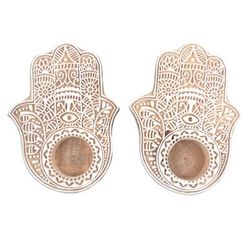 Illuminated Hamsa,'Wood Hamsa Hand Tealight Candle Holders (Pair)'
