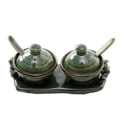Sacred Frog,'Handmade Ceramic Frog-Motif Condiment Set (5 Pcs)'