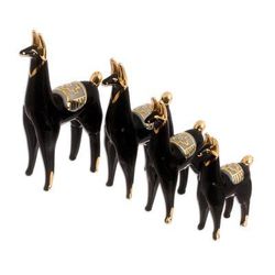 Black Llamas of the Andes,'Set of 4 Black Glass Llama Figurines with Gilded Accents'