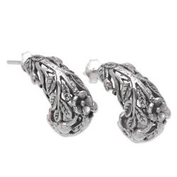 'Sterling Silver Leaf and Flower Half-Hoop Earrings from Bali'