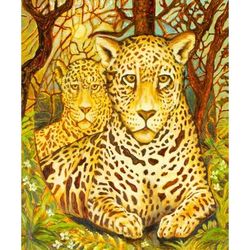 Jaguars,'Oil and Acrylic on Wood of Two Jaguars in a Jungle'