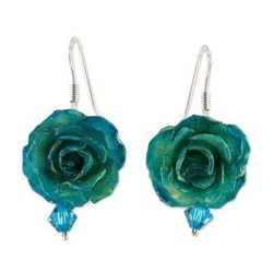 Floral Temptation in Green,'Natural Rose Dangle Earrings in Green from Thailand'