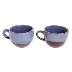 Sea Blue Morning,'Blue and Brown Ceramic Coffee Cups from Honduras (Pair)'