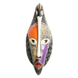 'Hand-Painted African Sese Wood Mask with Aluminum Accents'