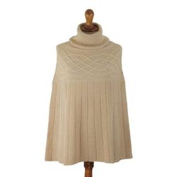 Natural Ivory,'Braided Detail Ivory Alpaca Blend Poncho from Peru'
