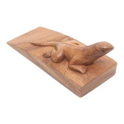 Handy Gecko in Brown,'Hand Carved Suar Wood Lizard Door Stopper in Brown from Bali'