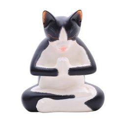 Meditating Tuxedo Kitty,'Wood Sculpture of a Meditating Tuxedo Cat from Bali'