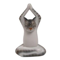 Toward the Sky Grey Yoga Cat,'Painted Suar Wood Sculpture of a Yoga Cat in Grey from Bali'