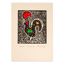 Eggcellent,'Mexican-Made Signed Limited Edition Rooster Woodcut Print'