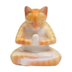 Meditating Kitty in Orange,'Wood Meditating Cat Statuette in Orange and White from Bali'