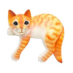 Orange Cat Relaxes,'Painted Wood Hanging Sculpture of an Orange Cat from Bali'