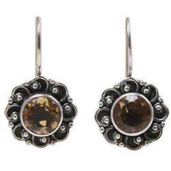 Singaraja Sunflower,'Sterling Silver and Citrine Sunflower Drop Earrings'
