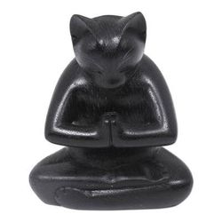 Black Cat Prayer,'Black Cat Praying in a Yoga Pose Signed Wood Sculpture'