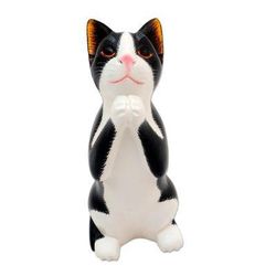 Tuxedo Cat Makes a Wish,'Wishing Cat Hand Carved Wood Sculpture'