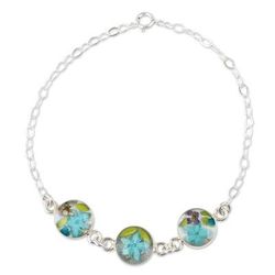 Turquoise Trio,'Blue Resin and Flower Pendants on a Sterling Silver Chain'
