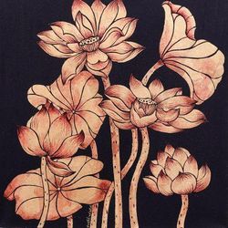 Peaceful Lotus I,'Golden Nature Study Painting of Thai Lotus Blossoms'