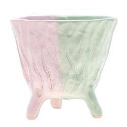 Green Roots,'Handcrafted Leafy Ceramic Flower Pot in Green and Pink Tones'