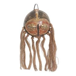 Ghana's Soul,'Traditional African Calabash Mask with Raffia Accents'