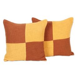 Warm Geometry,'Pair of Geometric Yellow and Orange Cotton Cushion Covers'