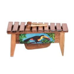 'Handcrafted Toucan-Inspired Pinewood Figurine of a Marimba'
