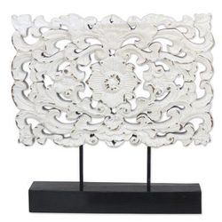 White Floral Magnificence,'Hand Carved Whitewashed Wood Flower Relief Sculpture'