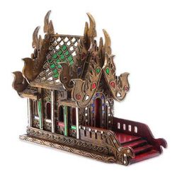 Lanna Temple,'Wood and Glass Spirit House Crafted in Thailand (11.5 in.)'