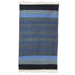 Blue Shadow Harmony,'3 by 5 Foot Handwoven Blue Cotton Rug from India'